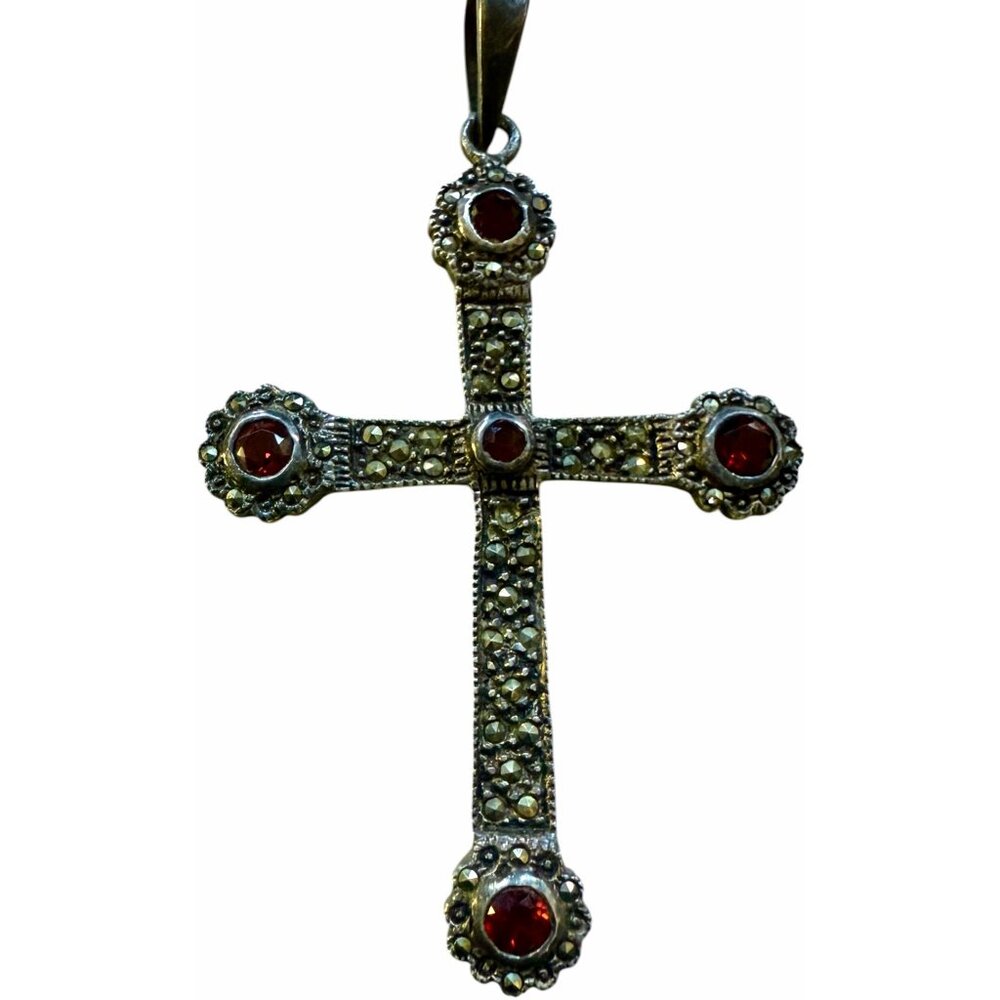 Vintage Sterling Silver Marcasite Cross Pendant With ?Garnet Accents.  READ